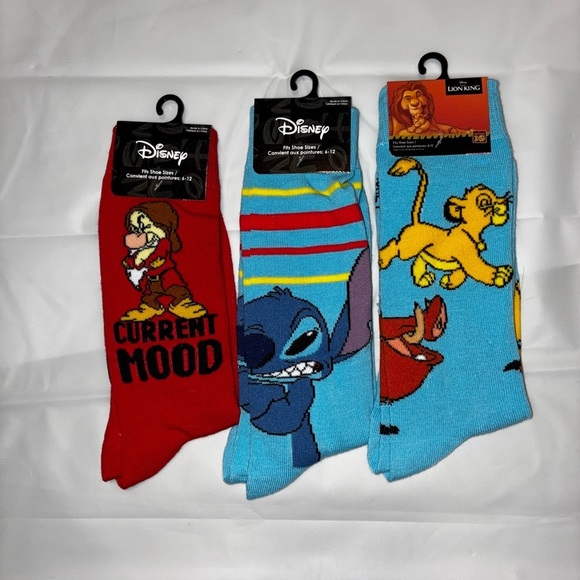 2/$35 Disney LILO and Stitch Grumpy Lion King Crew Socks 6-12 Dopamine Novelty - Picture 1 of 6